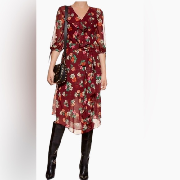 Maje Reselia Burgundy Sheer Floral Chiffon Ruffle Midi Self Tie Wrap Dress - Picture 4 of 12